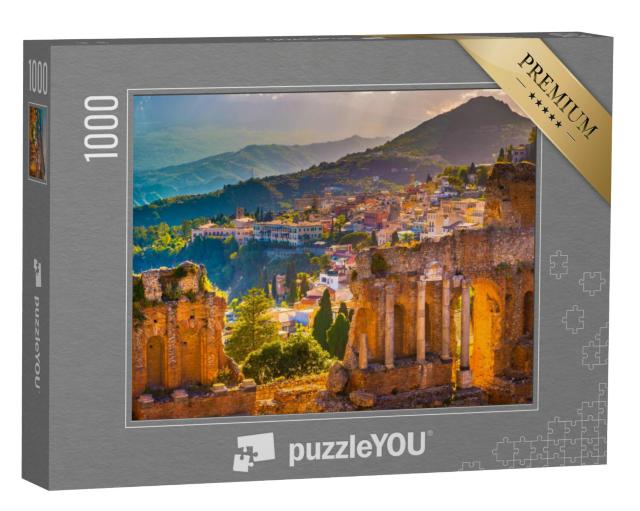 Puzzel 1000 stukjes „Ruïnes van Taormina: Theater bij zonsondergang, Sicilië, Italië“