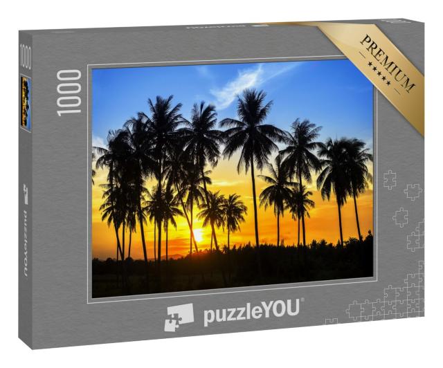 Puzzle 1000 Teile „Silhouetten von Kokosnusspalmen im bunten Sonnenuntergang“
