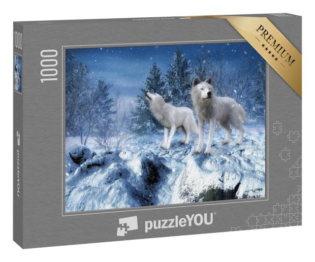 Puzzle „Winterlandschaft mit zwei weißen Wölfen“
