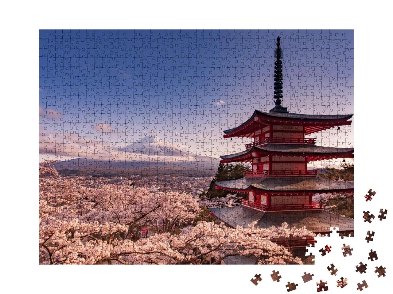 Puzzle 1000 Teile „Berg Fuji und Chureito Pagode mit Kirschblüte, Japan“