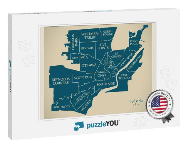 Modern City Map - Toledo Ohio City of the USA with Neighbo... Jigsaw Puzzle