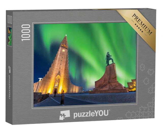 Puzzel 1000 stukjes „Noorderlicht boven de Hallgrimskirkja kerk in Reykjavik, IJsland“