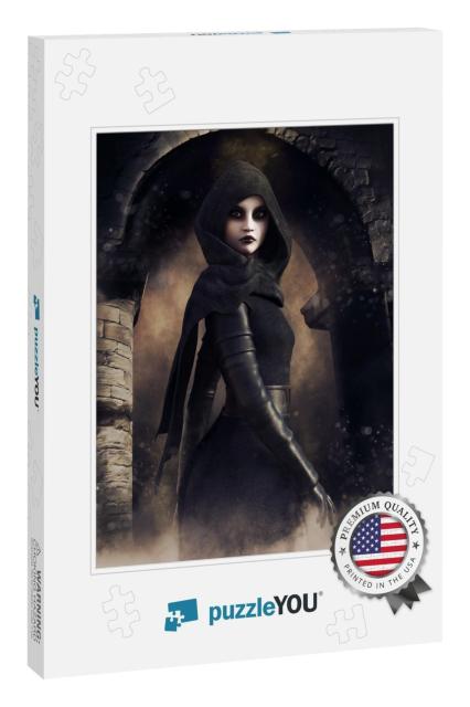 Night Scene with a Sorceress in a Hooded Robe Standing in... Jigsaw Puzzle