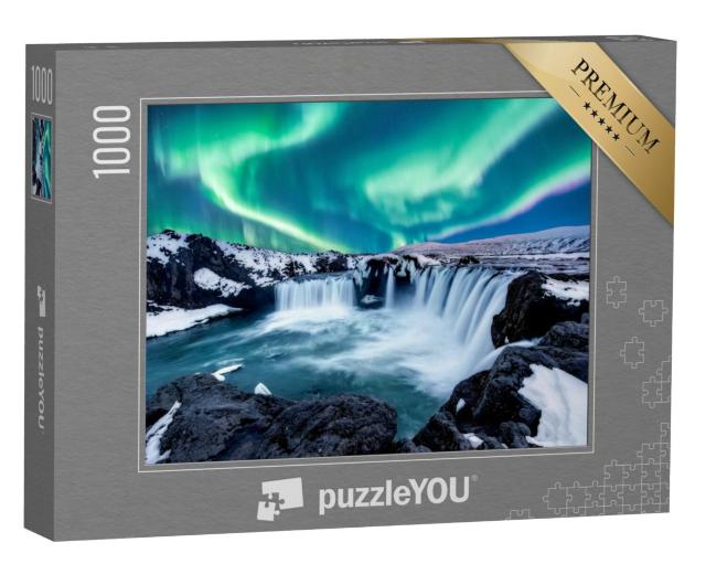 Puzzel 1000 stukjes „Noorderlicht boven Godafoss, waterval in IJsland“