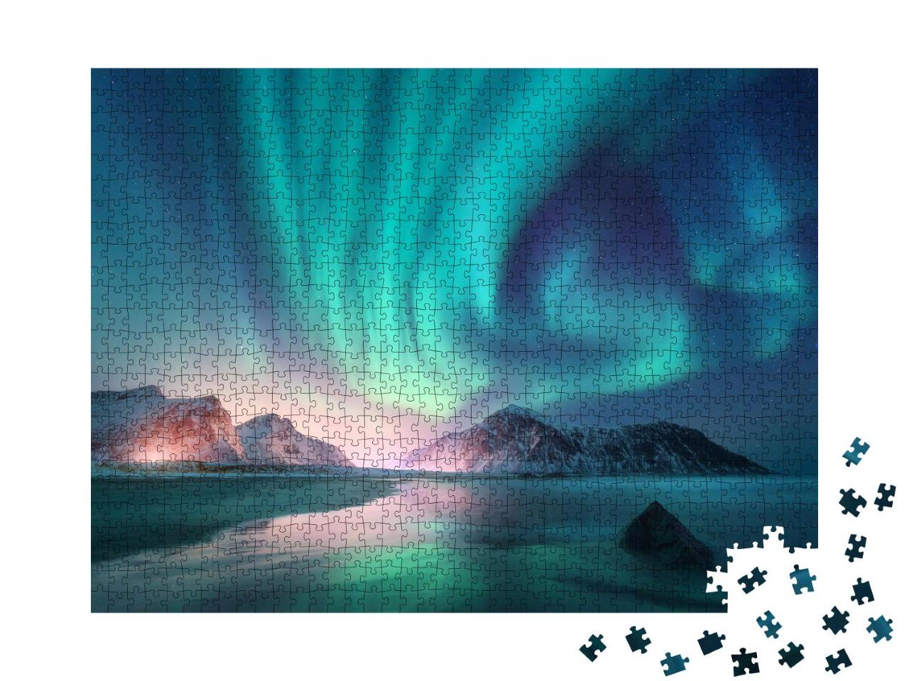 Puzzle 1000 Teile „Polarlicht über dem Meer und schneebedeckte Berge“