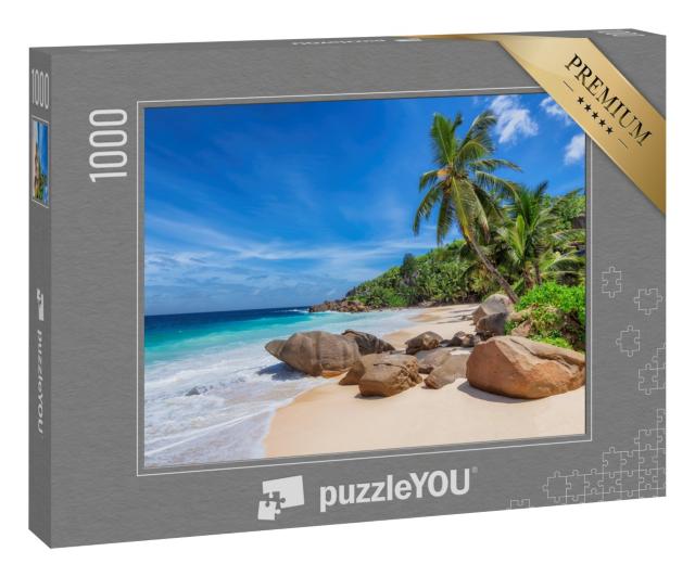 Puzzle 1000 Teile „Tropischer Strand und Kokosnusspalmen auf den Seychellen“