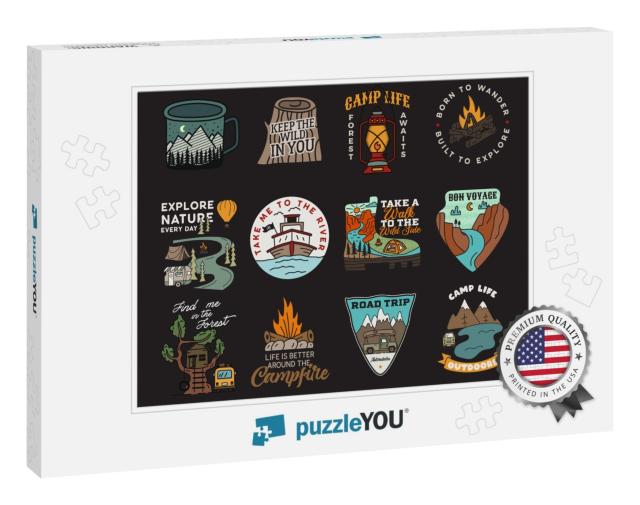 Vintage Mountain Camp Badges Logos Set, Adventure Patches... Jigsaw Puzzle
