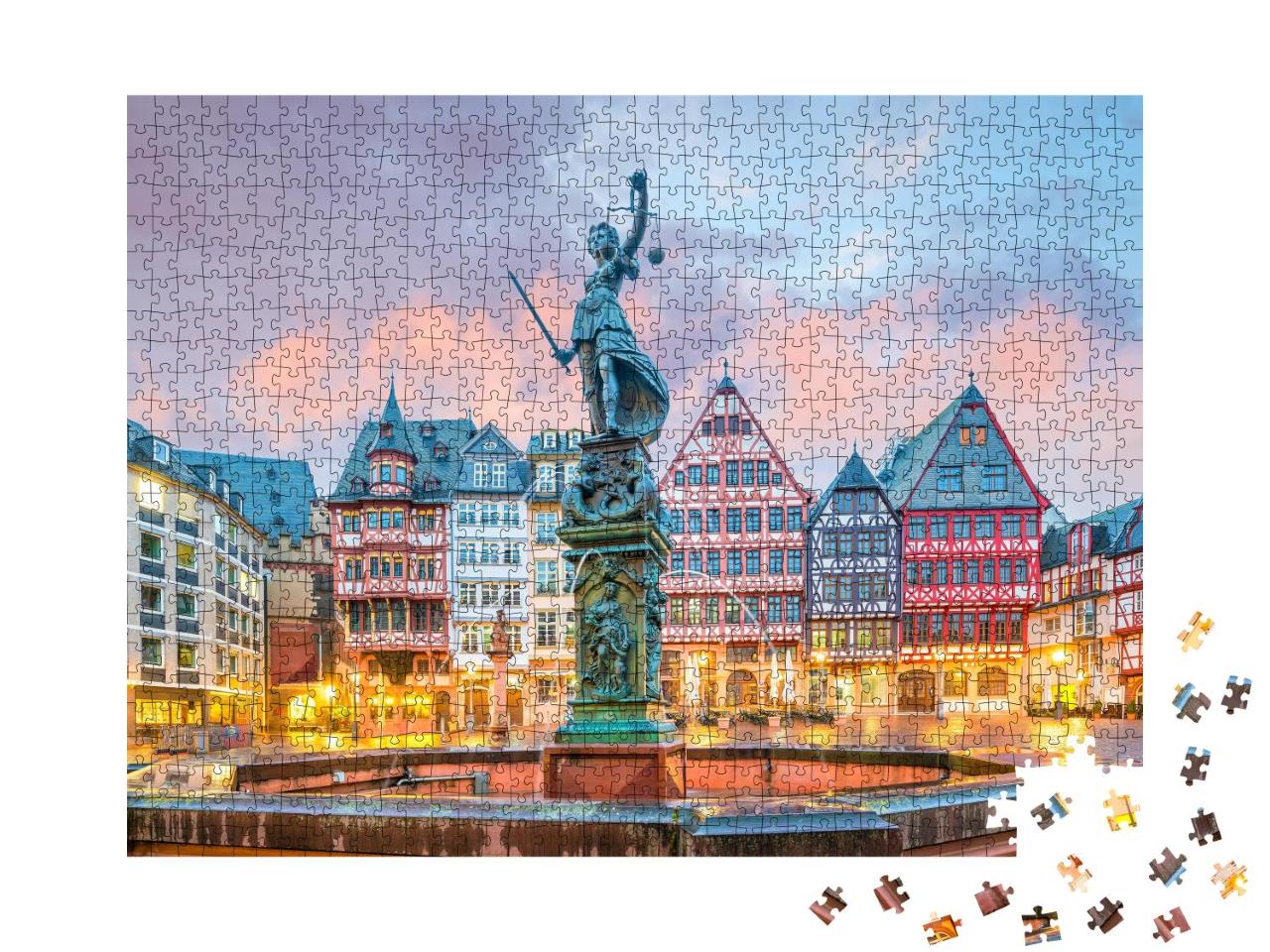 Puzzle 1000 Teile „Dämmerung am Altstadtplatz Römerberg in Frankfurt, Deutschland“