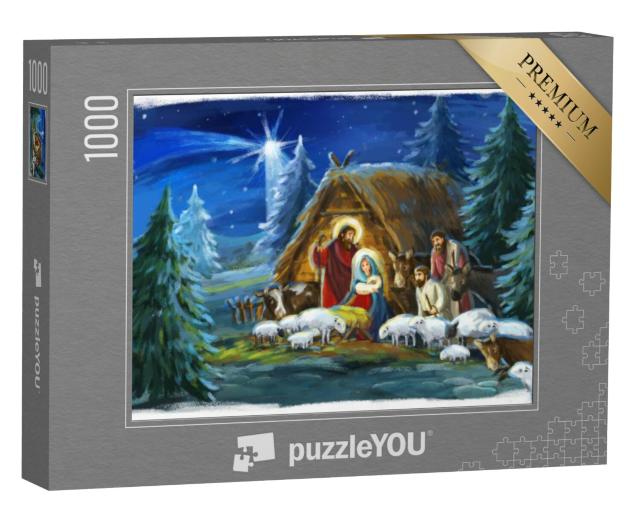 Puzzel 1000 stukjes „Traditioneel kersttafereel met de Heilige Familie en dieren“