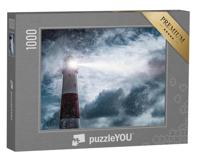 Puzzel 1000 stukjes „Rood-witte vuurtoren in de regen bij nacht“