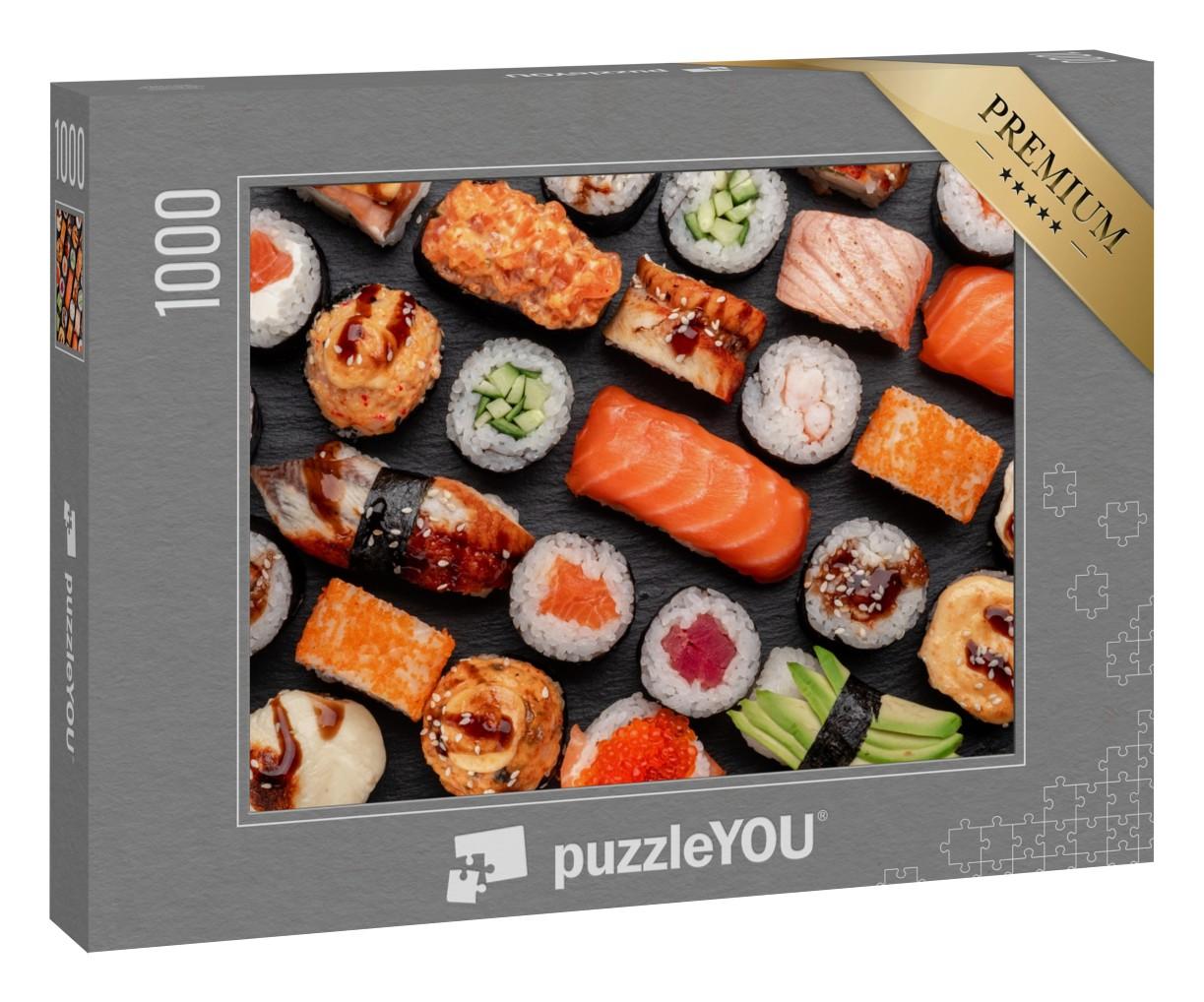 Puzzle 1000 Teile „Assortierte Sushi Nigiri und Maki auf Schieferplatten“