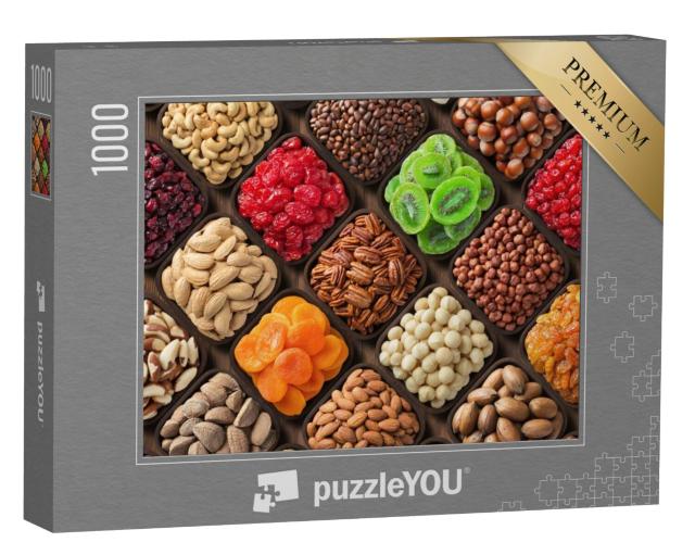 Puzzel 1000 stukjes „Selectie van gezonde en lekkere snacks“