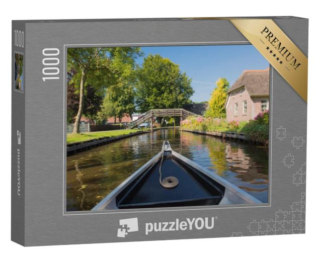 Puzzel 1000 stukjes „Een boot in het dorp Giethoorn“