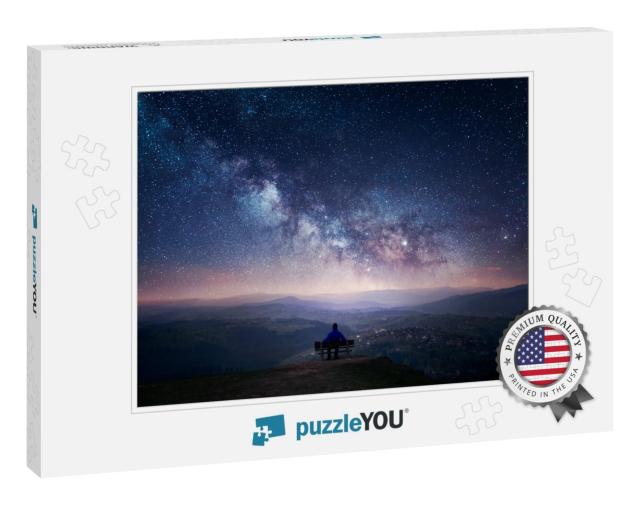 A Man Sitting on a Bench Staring At a Starry Sky with a M... Jigsaw Puzzle