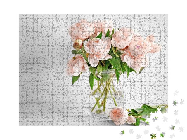 Puzzle 1000 Teile „Vase mit schönen Pfingstrosenblüten auf dem Tisch“