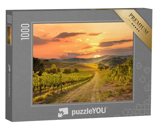 Puzzel 1000 stukjes „Wijngaarden en wijnmakerij bij zonsondergang“