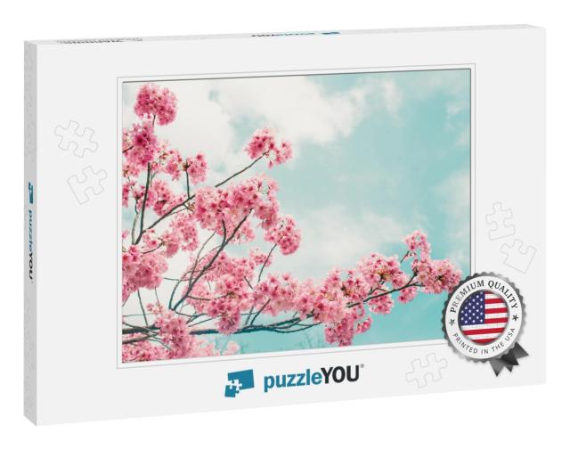 Beautiful Cherry Blossom Sakura in Spring Time Over Blue... Jigsaw Puzzle