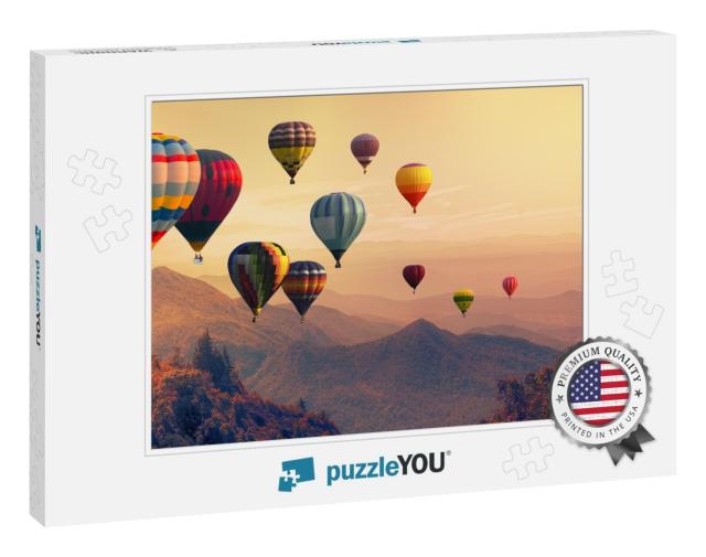 Hot Air Balloon Above High Mountain At Sunset, Filtered B... Jigsaw Puzzle