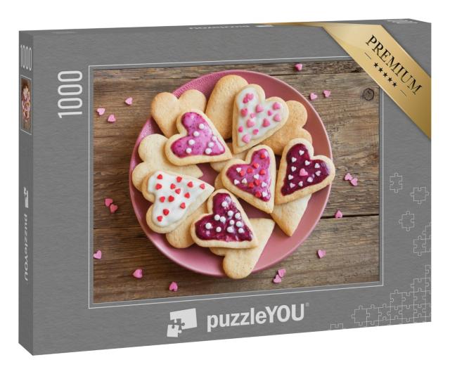 Puzzle 1000 Teile „Glasierte Kekse in Herzform zum Valentinstag“
