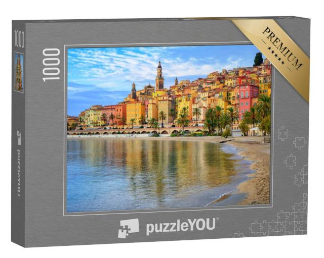 Puzzel 1000 stukjes „Zandstrand onder de stad Menton, Côte d'Azur, Frankrijk“