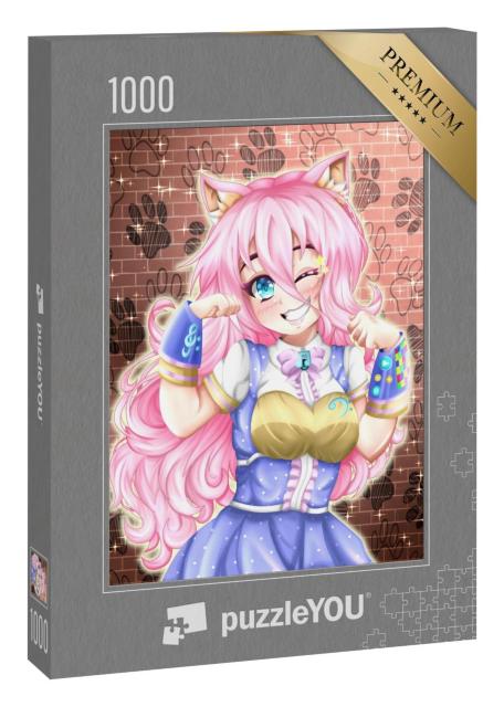 Puzzle 1000 Teile „Anime: Neko Mädchen mit rosa Haaren“
