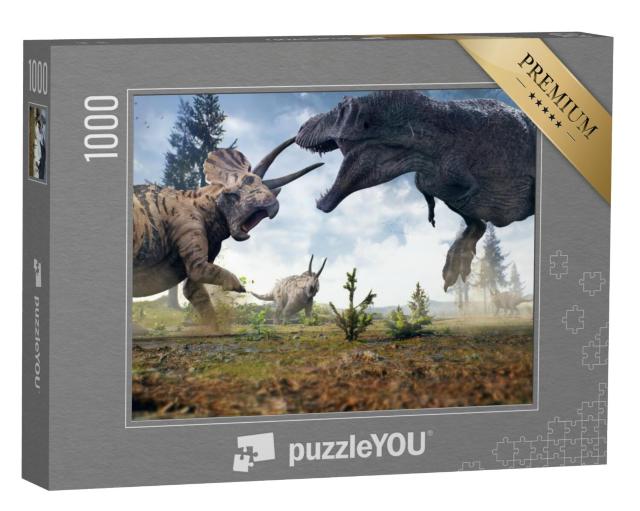 Puzzel 1000 stukjes „Een Tyrannosaurus Rex in gevecht met een kudde Triceratops“