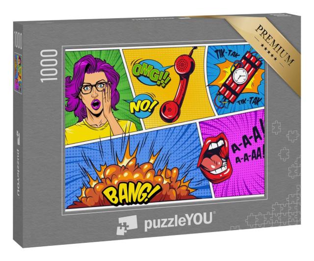 Puzzle 1000 Teile „Schreiende Sprechblasen und Explosion, Comic-Stil“