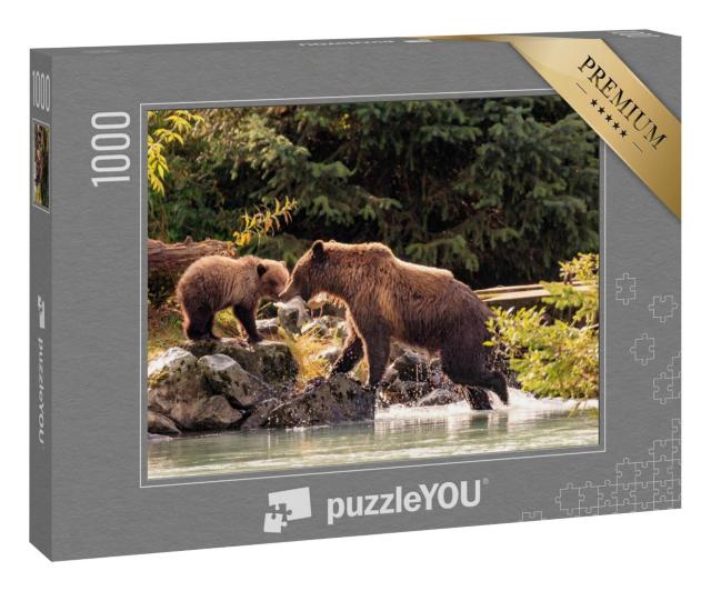 Puzzle 100 Teile „Bärenmutter beim Fischen mit ihren Jungen, Alaska“
