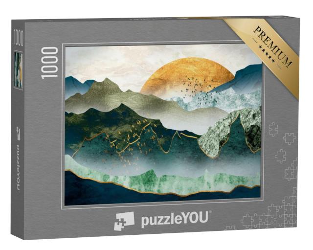 Puzzel 1000 stukjes „Groen-gouden bergen bij zonsondergang, zwerm vogels“