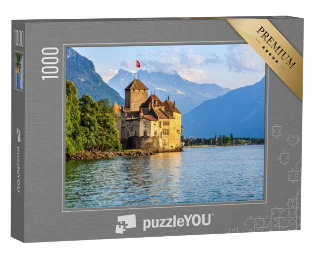 Puzzel 1000 stukjes „Zonsondergang boven het kasteel van Chillon aan het meer van Genève“