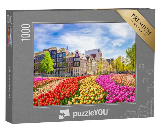 Puzzel 1000 stukjes „Prachtige oude gebouwen en tulpen in Amsterdam, Nederland“