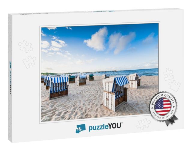 Closed Wicker Beach Chairs on Empty Sandy Beach At Baltic... Jigsaw Puzzle