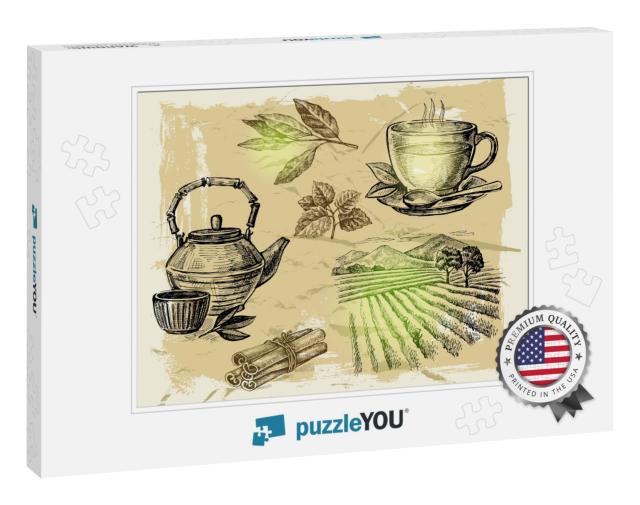 Vector Hand Drawn Tea on Paint Background... Jigsaw Puzzle