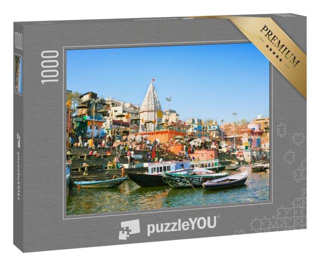 Puzzle 1000 Teile „Blick auf Prayag Ghat am Ganges in Uttar Pradesh, Varanasi, Indien“
