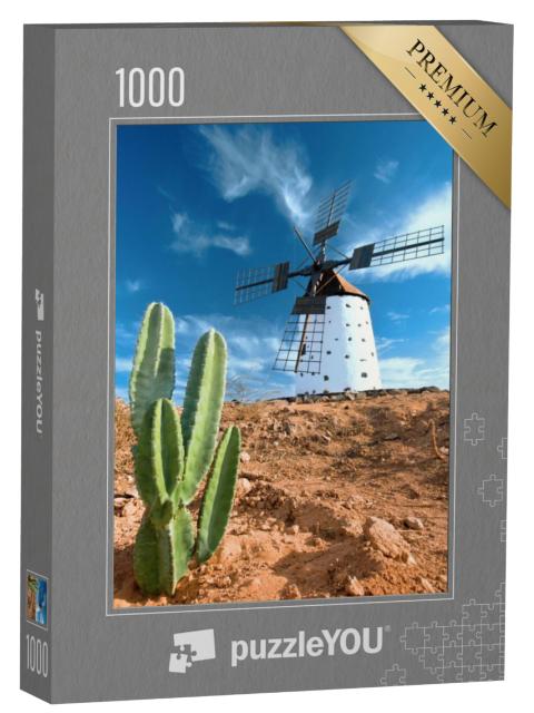 Puzzel 1000 stukjes „Cactus en traditionele windmolen op Fuerteventura, Canarische Eilanden“