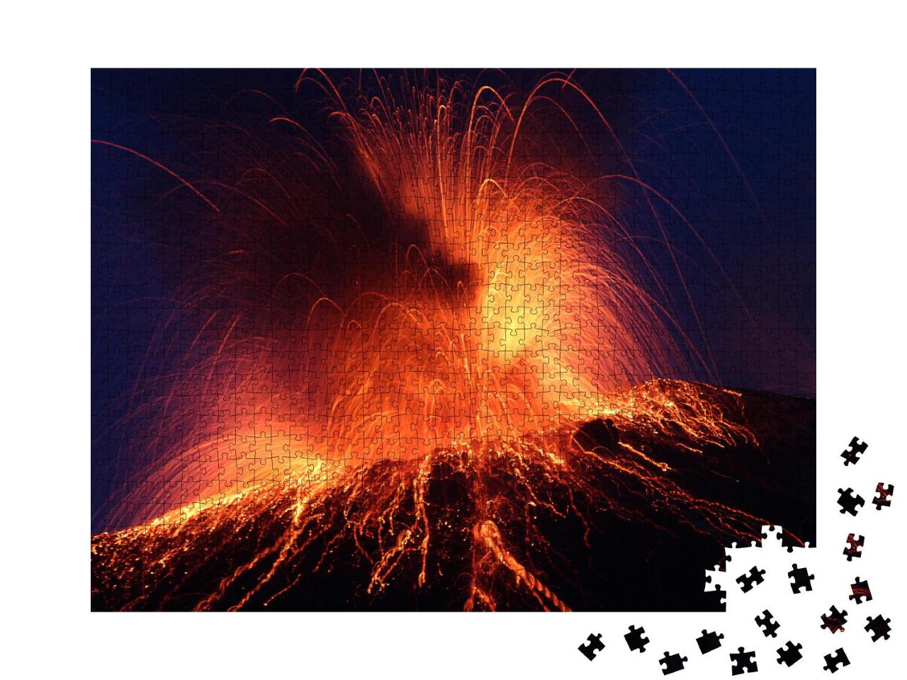 Puzzle 1000 Teile „Nächtlicher Ausbruch des Vulkans Stromboli, glühende Felsen“
