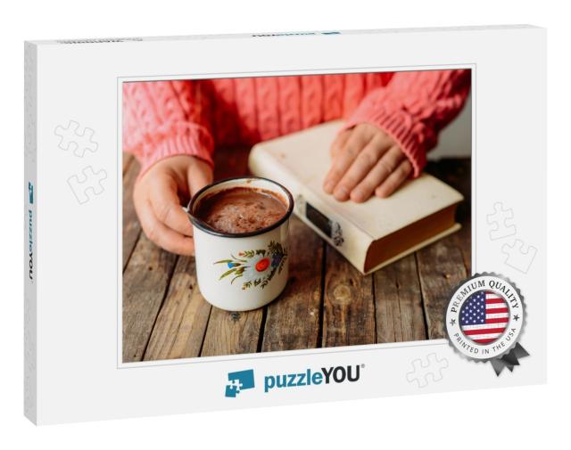 Woman Holding Cup of Hot Chocolate. Hot Chocolate in Wood... Jigsaw Puzzle