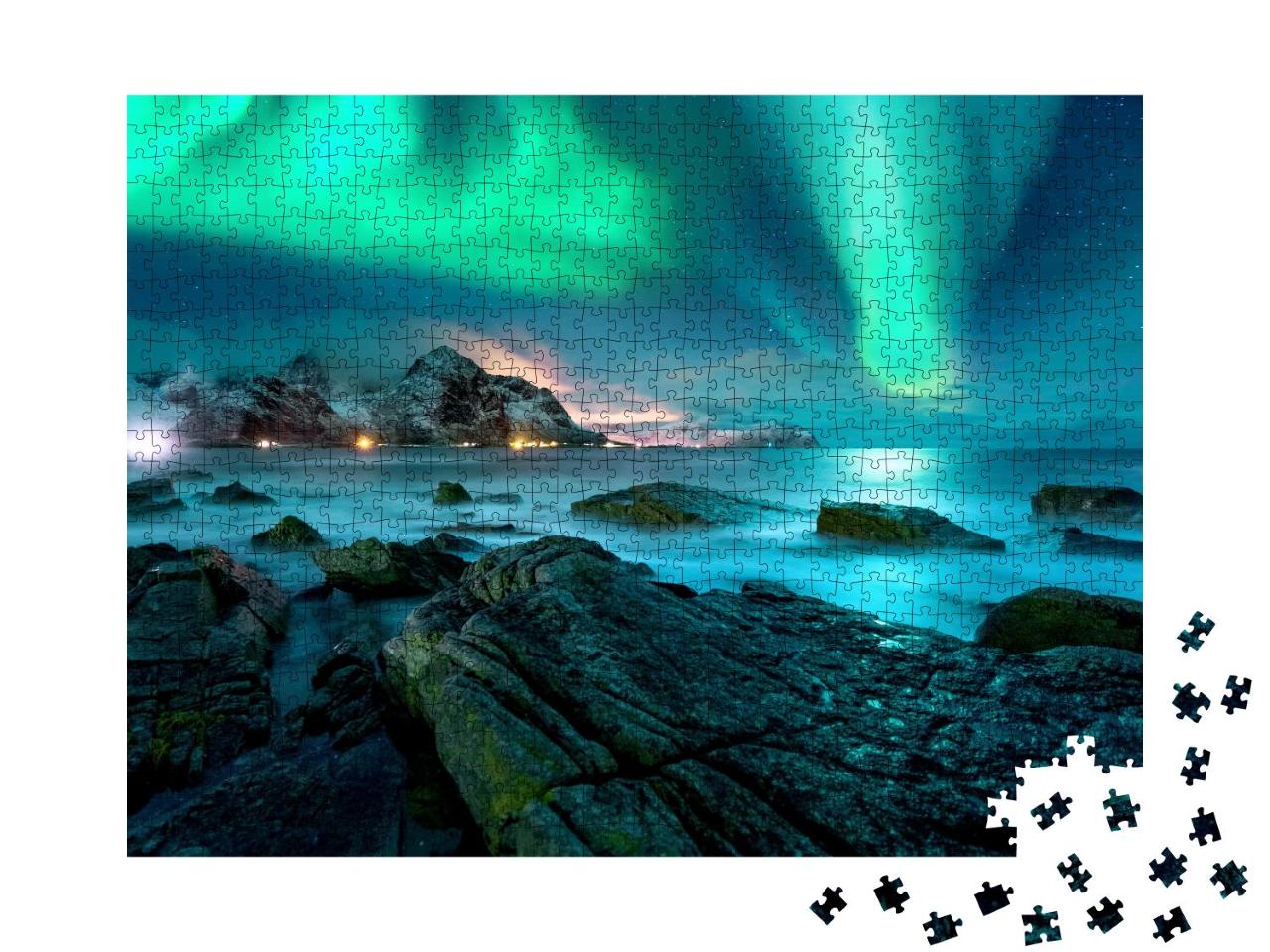 Puzzle 1000 Teile „Polarlicht über den schneebedeckten Inseln der Lofoten“