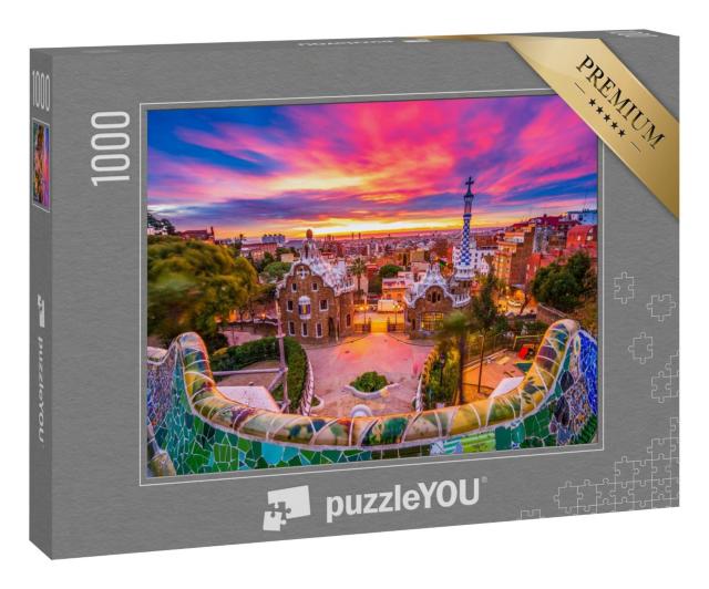 Puzzle 1000 Teile „Sonnenaufgang über dem Park Güell, UNESCO-Weltkulturerbe, Barcelona, Spanien“