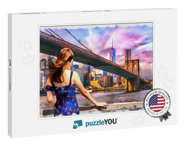 Painting of Beautiful Girl Standing Looking Into Brooklyn... Jigsaw Puzzle
