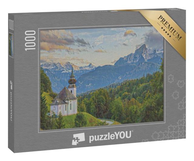Puzzle 1000 Teile „im Kunst-Stil von Claude Monet - Watzmann mit Kirche Maria Gern - Puzzle-Kollektion Künstler & Gemälde“