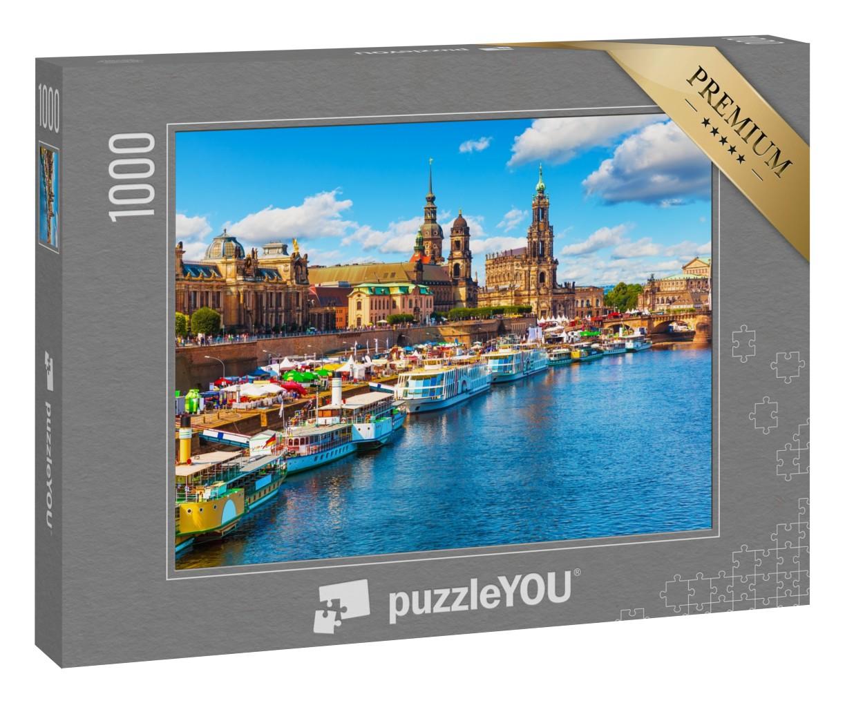 Puzzle 1000 Teile „Sommerblick auf die Altstadtarchitektur mit Elbufer, Dresden, Sachsen, Deutschland“