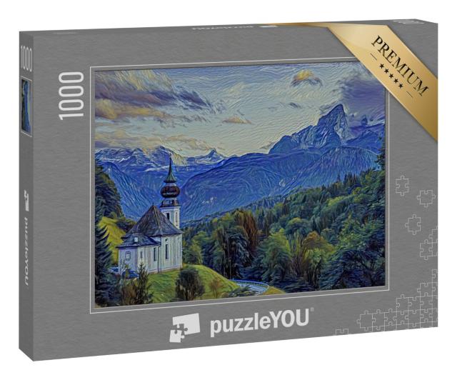 Puzzle 1000 Teile „im Kunst-Stil von van Gogh, Sternennacht - Watzmann mit Kirche Maria Gern“