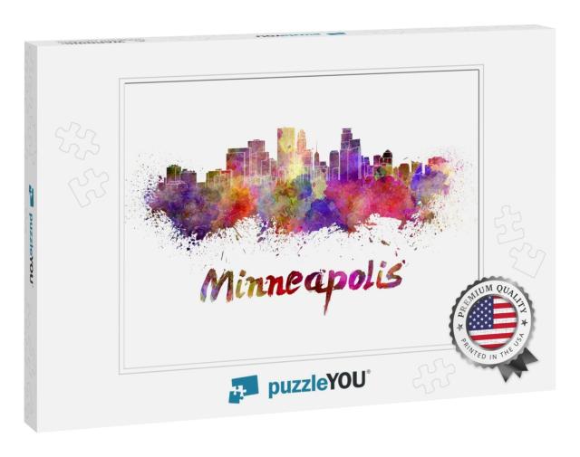 Minneapolis Skyline in Watercolor Splatters with Clipping... Jigsaw Puzzle