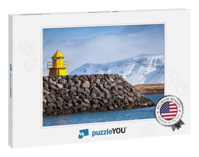 Yellow Lighthouse Tower on Stone Breakwater, Entrance to... Jigsaw Puzzle