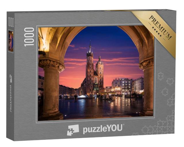 Puzzel 1000 stukjes „Kerk in de oude binnenstad van Krakau met verlichting, Polen“