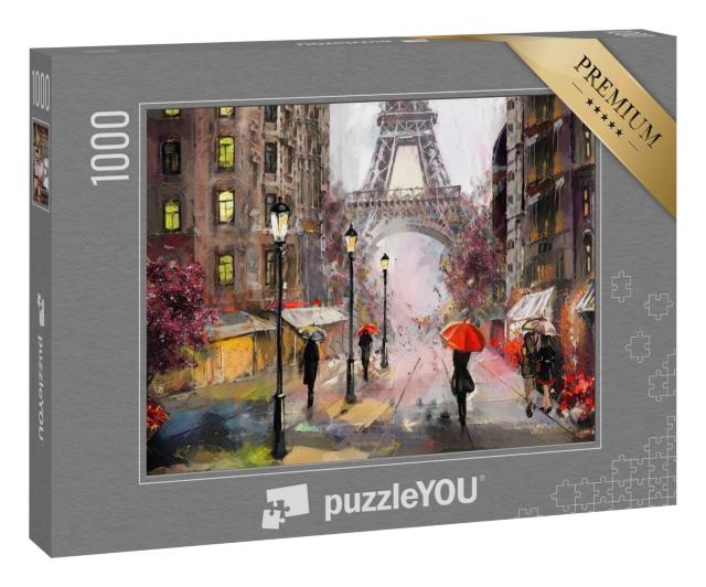 Puzzle 1000 Teile „Ölgemälde mit Straßenansicht von Paris: Eiffelturm und Menschen mit Regenschirm“