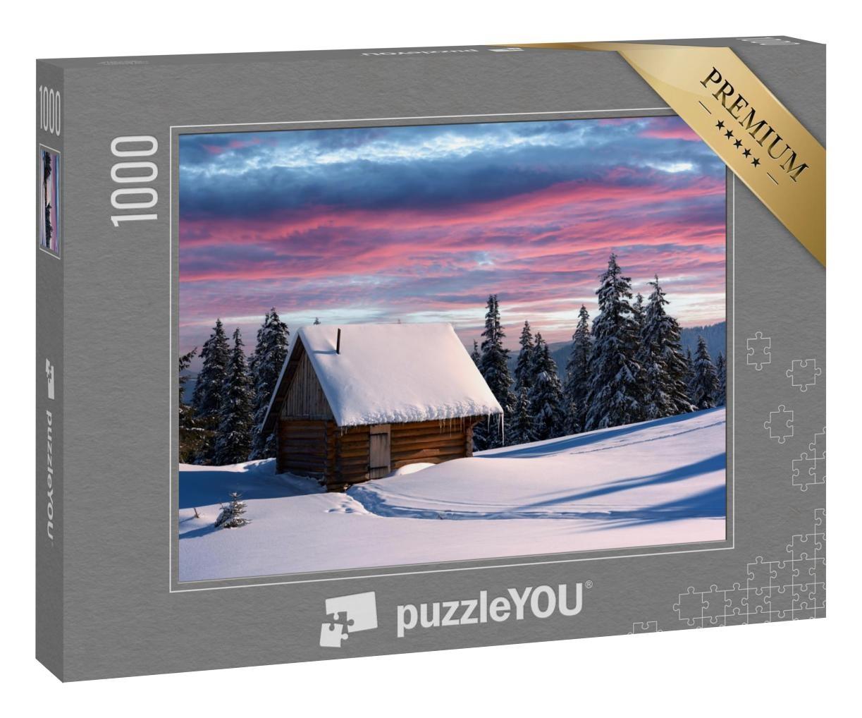 Puzzle 1000 Teile „Winterlandschaft mit Holzhaus, Karpaten, Ukraine, Europa“