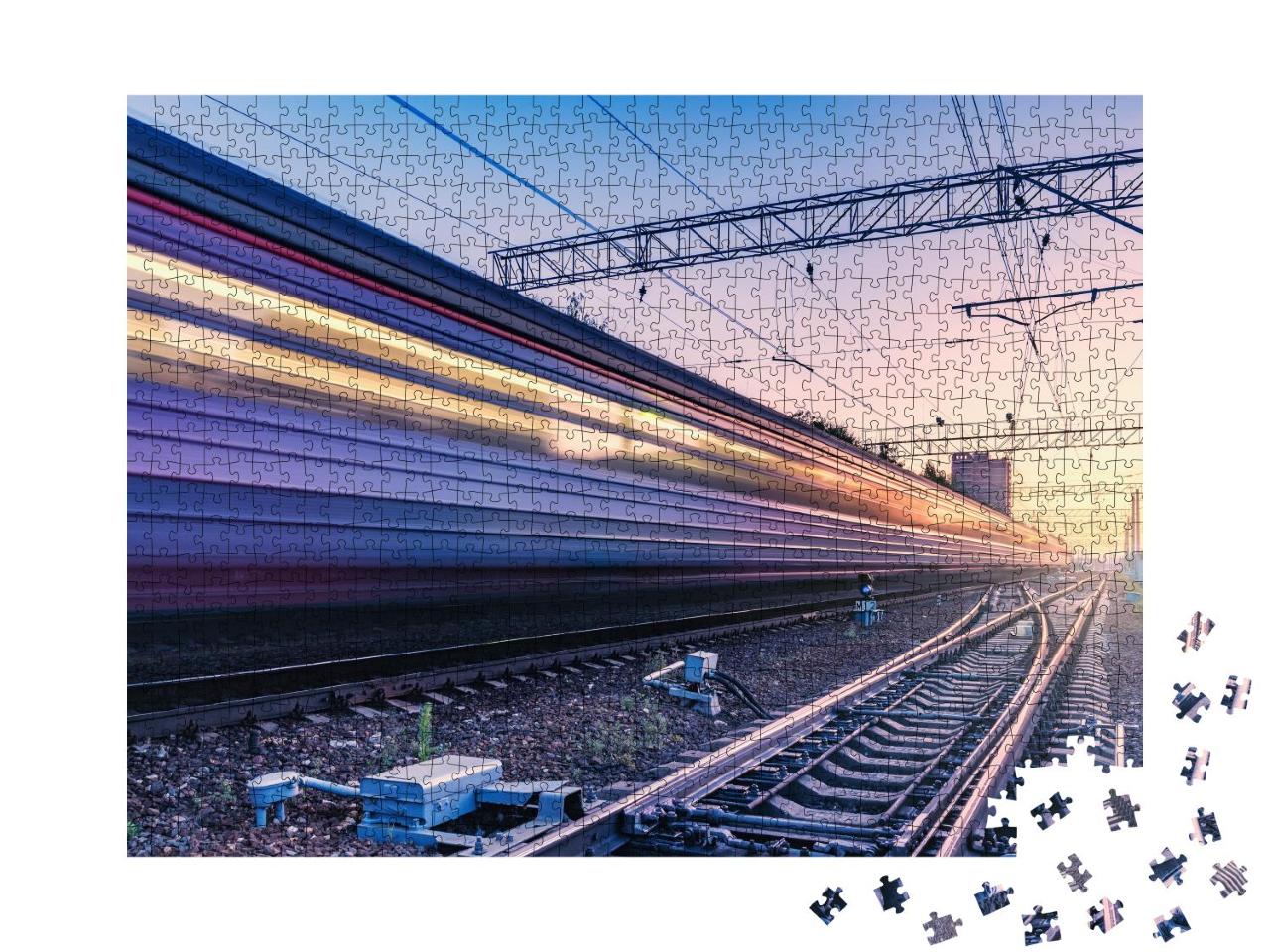 Puzzle 1000 Teile „Zug in voller Fahrt im Sonnenuntergang“