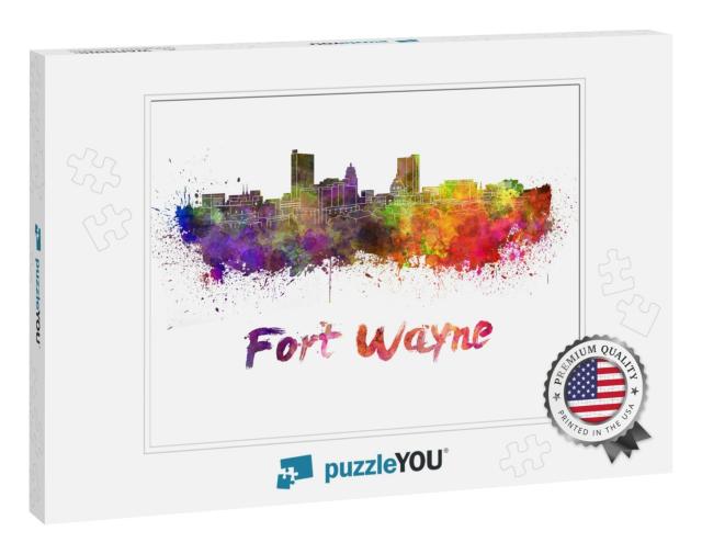 Fort Wayne Skyline in Watercolor Splatters with Clipping... Jigsaw Puzzle